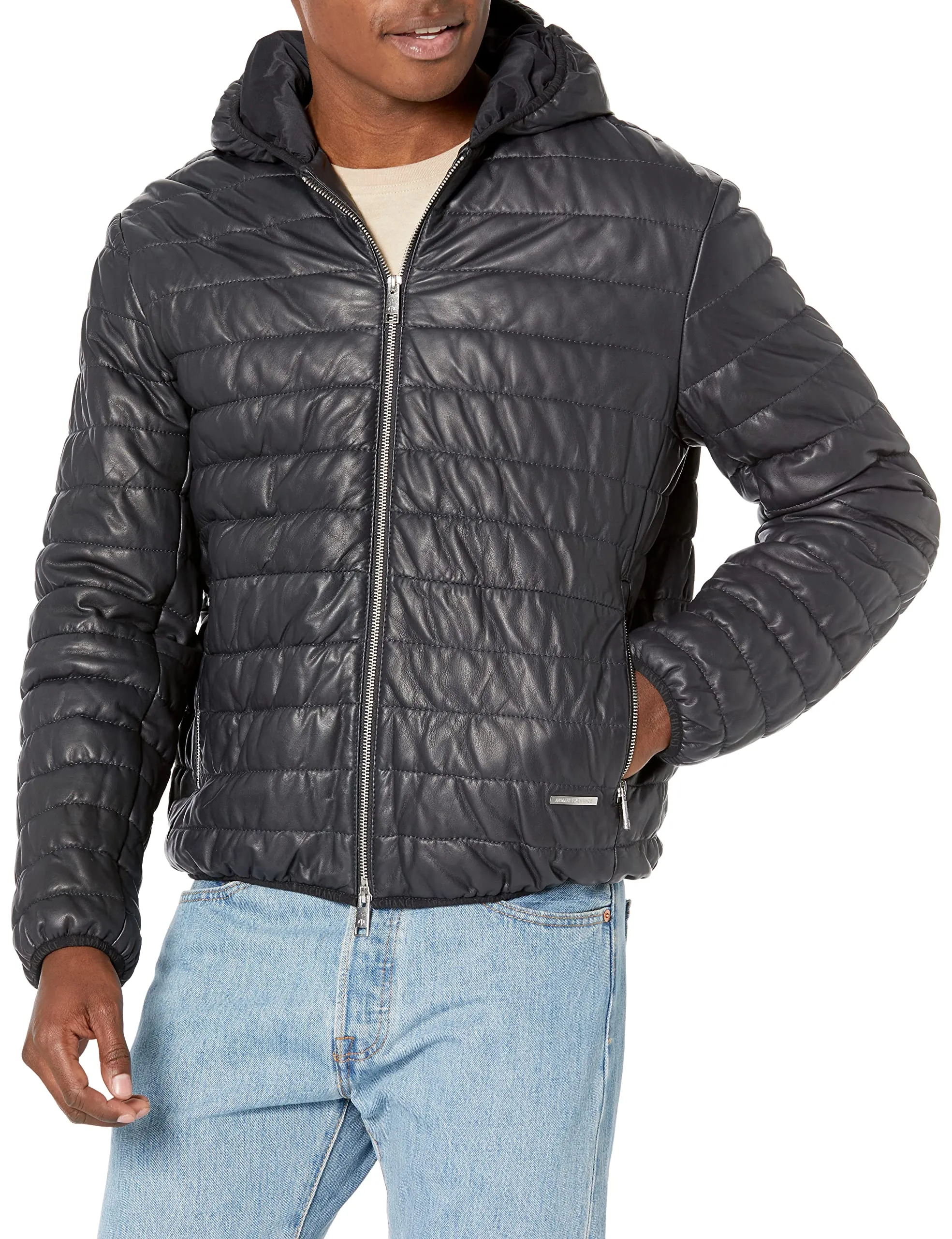 ARMANI EXCHANGE Men's Navy Blue Quilted Leather Puffer Jacket, X-Large, Stylish & Warm Design