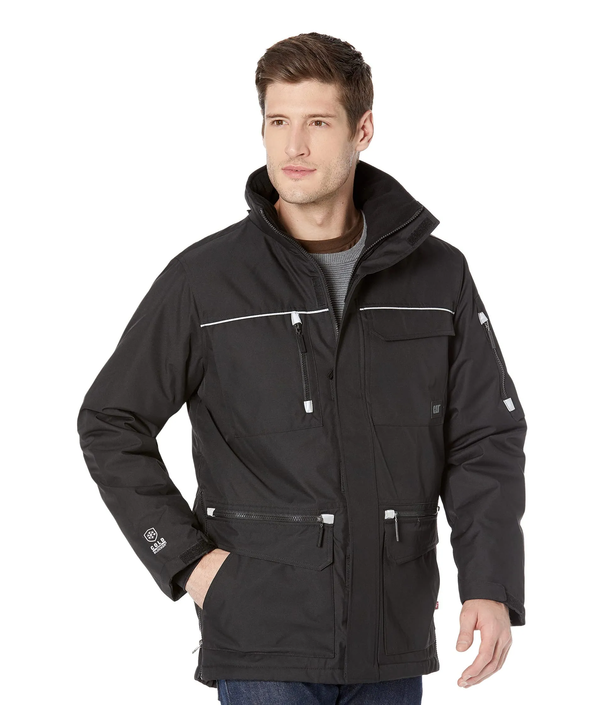 Insulated Medium Caterpillar Work Parka with Reflective Graphics and Storm Flaps