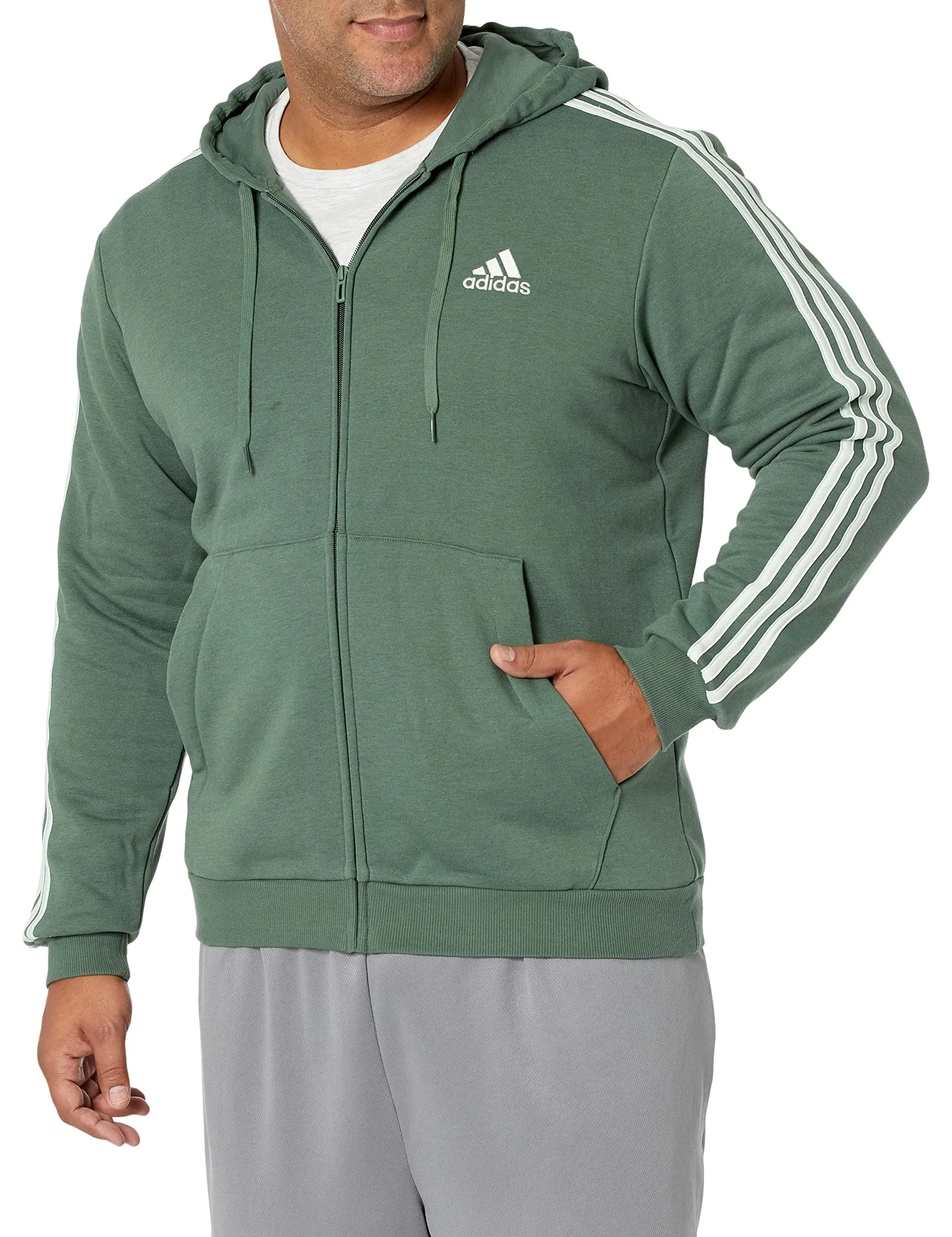 Men's Essentials Fleece 3-Stripes Full Zip Hoodie Green Oxide/Linen Green 3X-Large by adidas