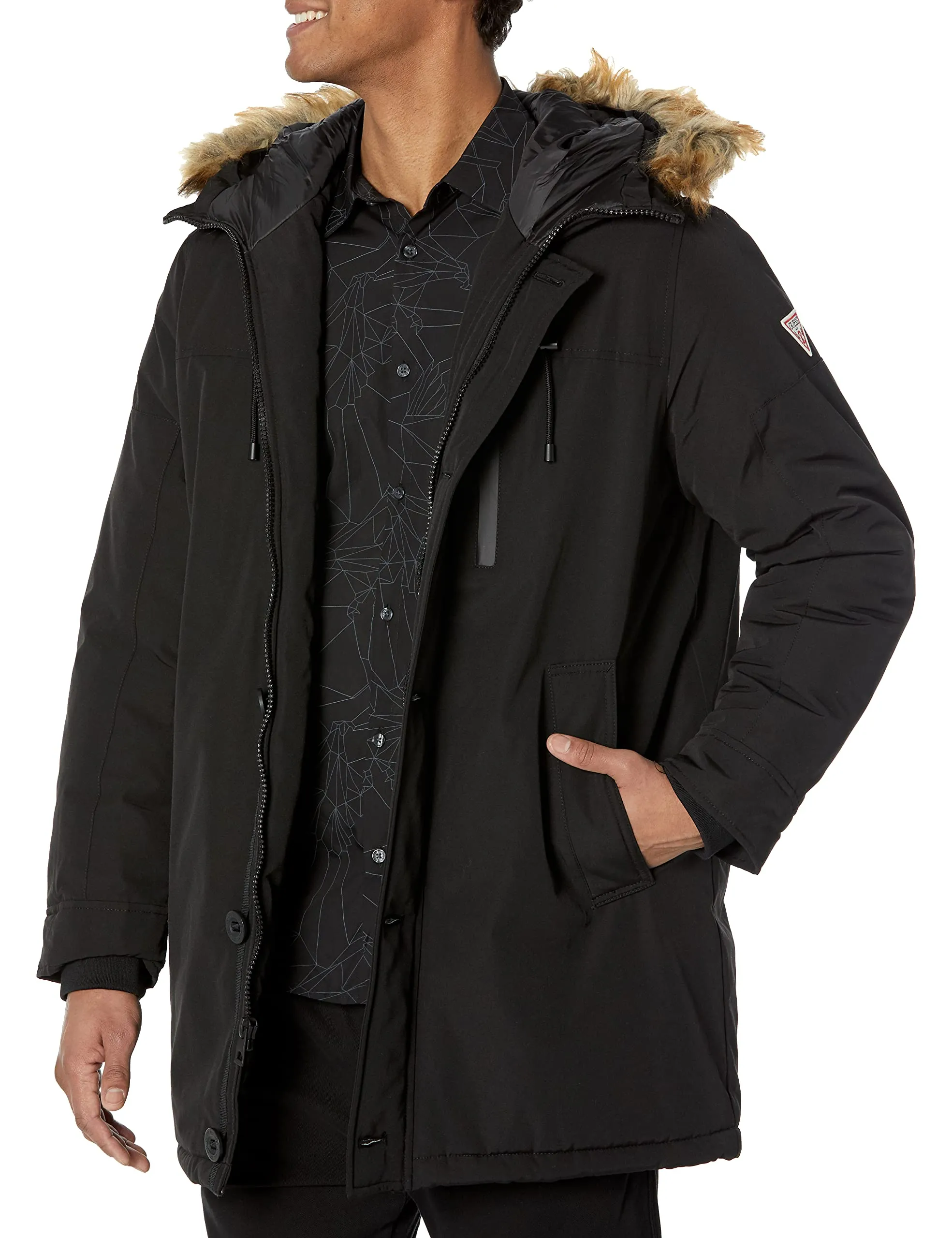 Men's Heavyweight Hooded Parka Jacket Small with Removable Faux Fur Trim by GUESS