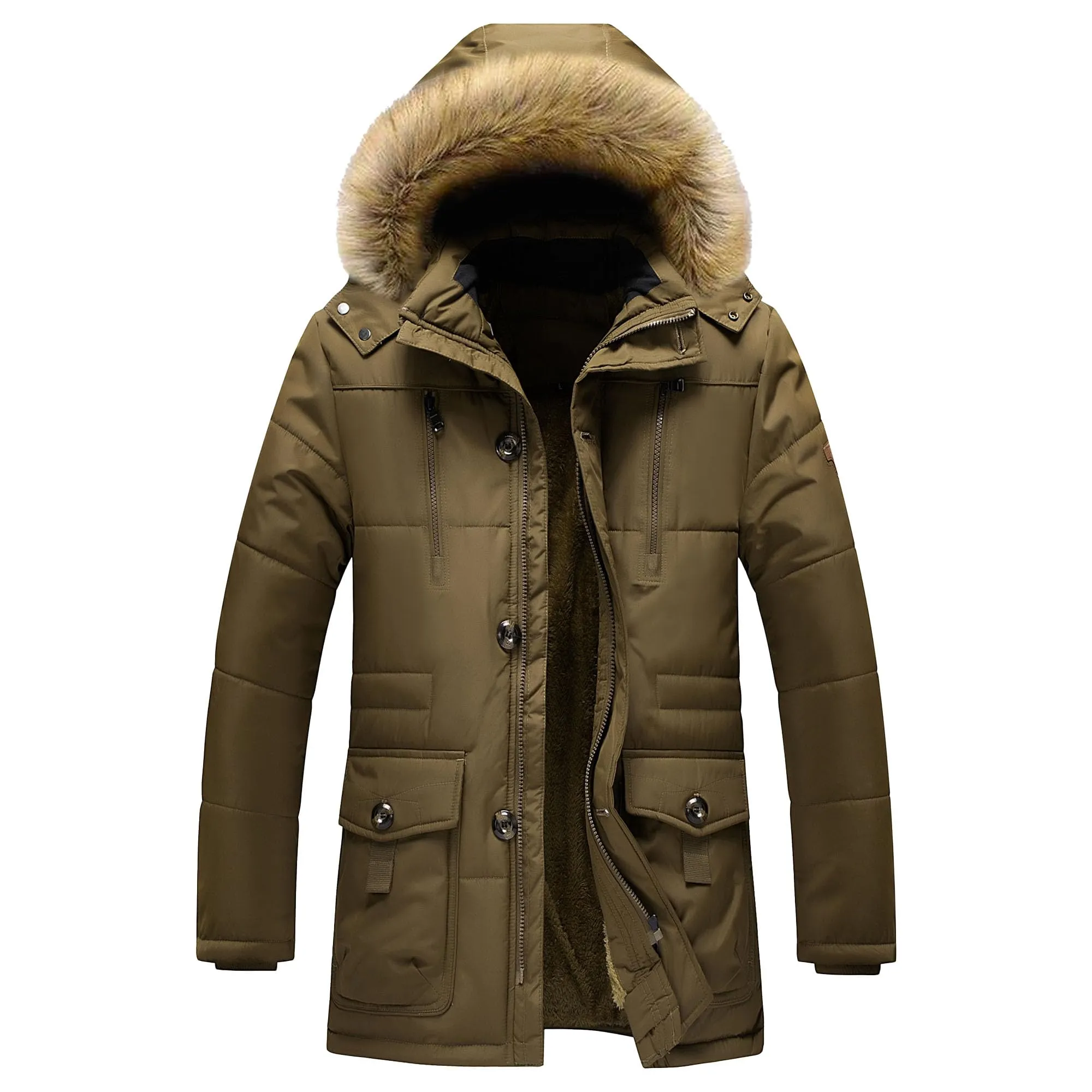 Men's Large Padded Winter Hooded Jacket with Sherpa Lining, Warm Windproof Parka Coat