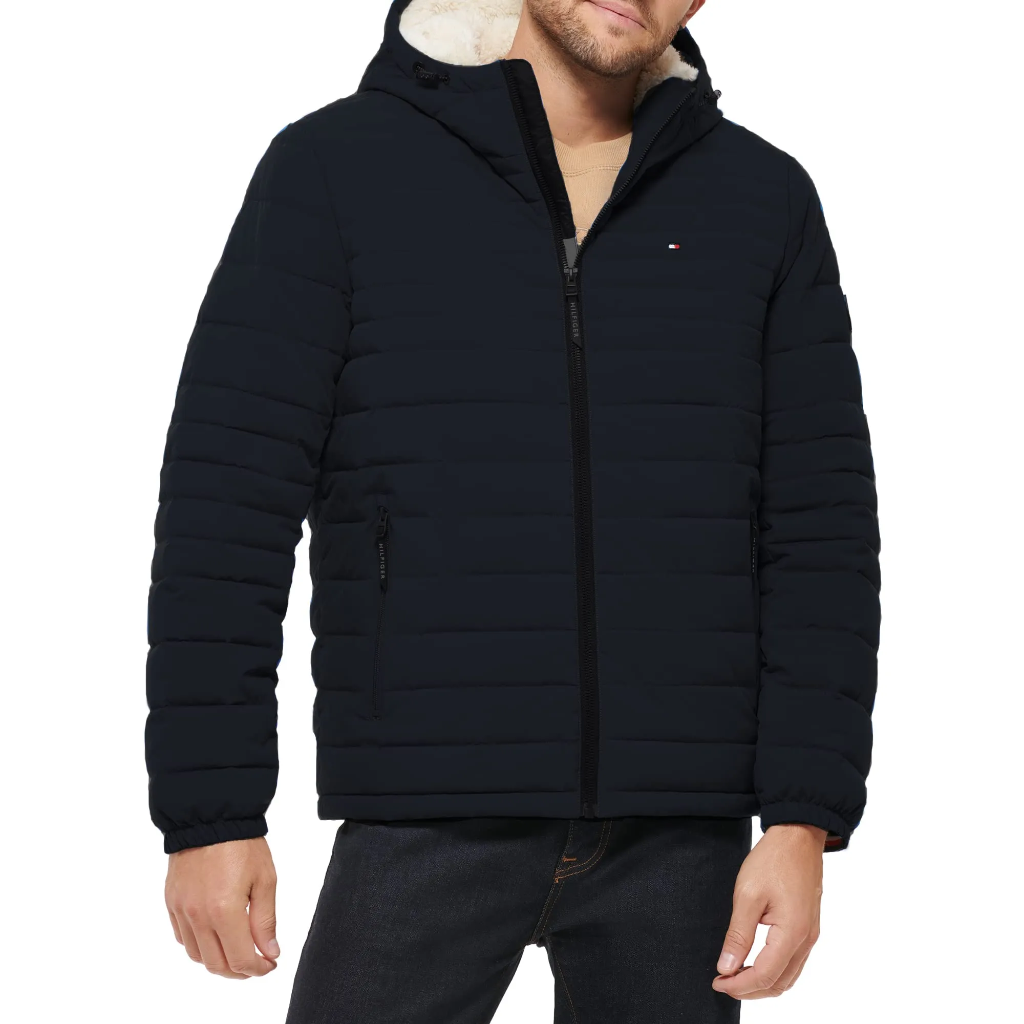 Men's Large Stretch Poly Hooded Packable Jacket with Sherpa Lining from Tommy Hilfiger