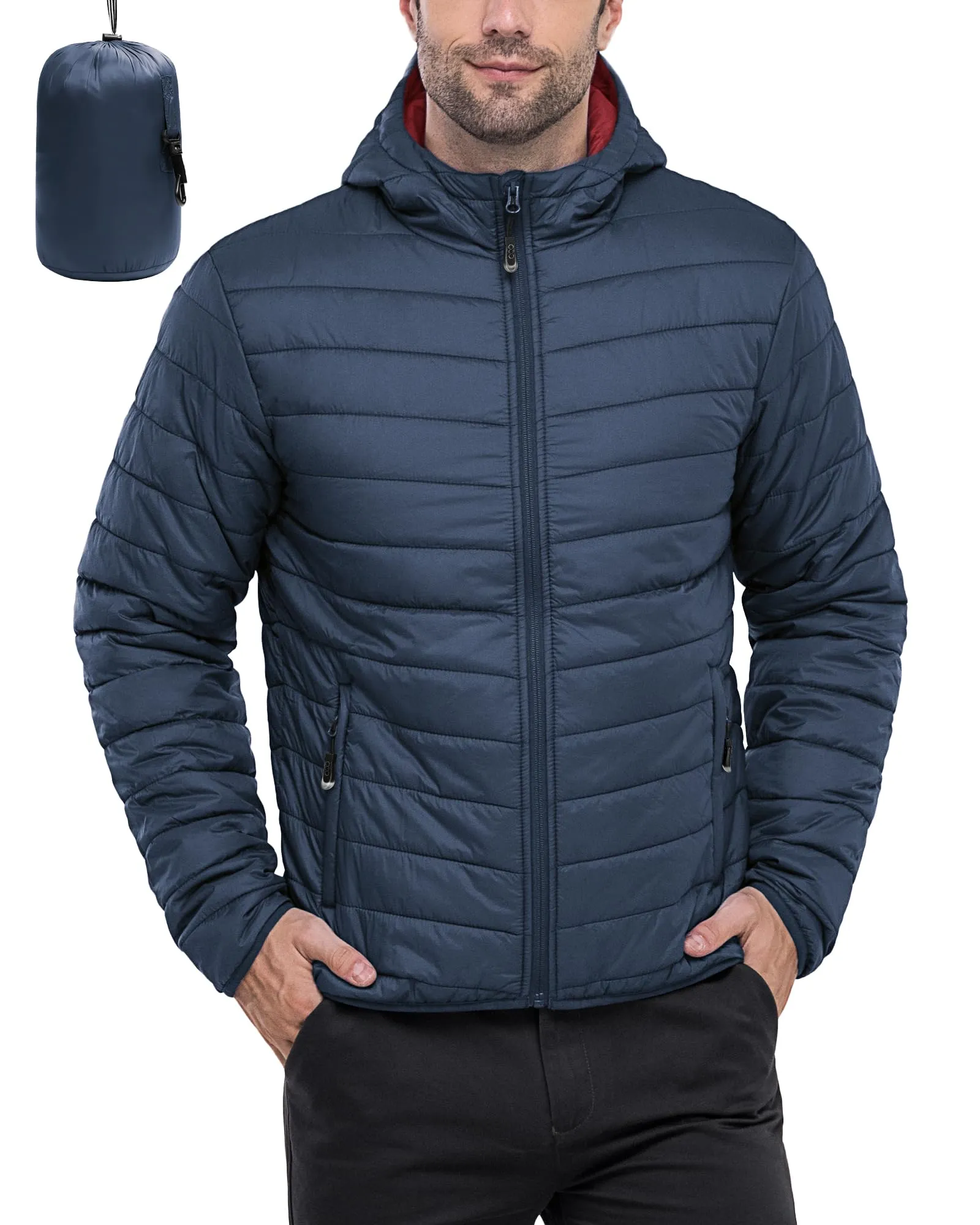 Men's Lightweight Packable Insulated Puffer Jacket with Hood, Water-Resistant, Small