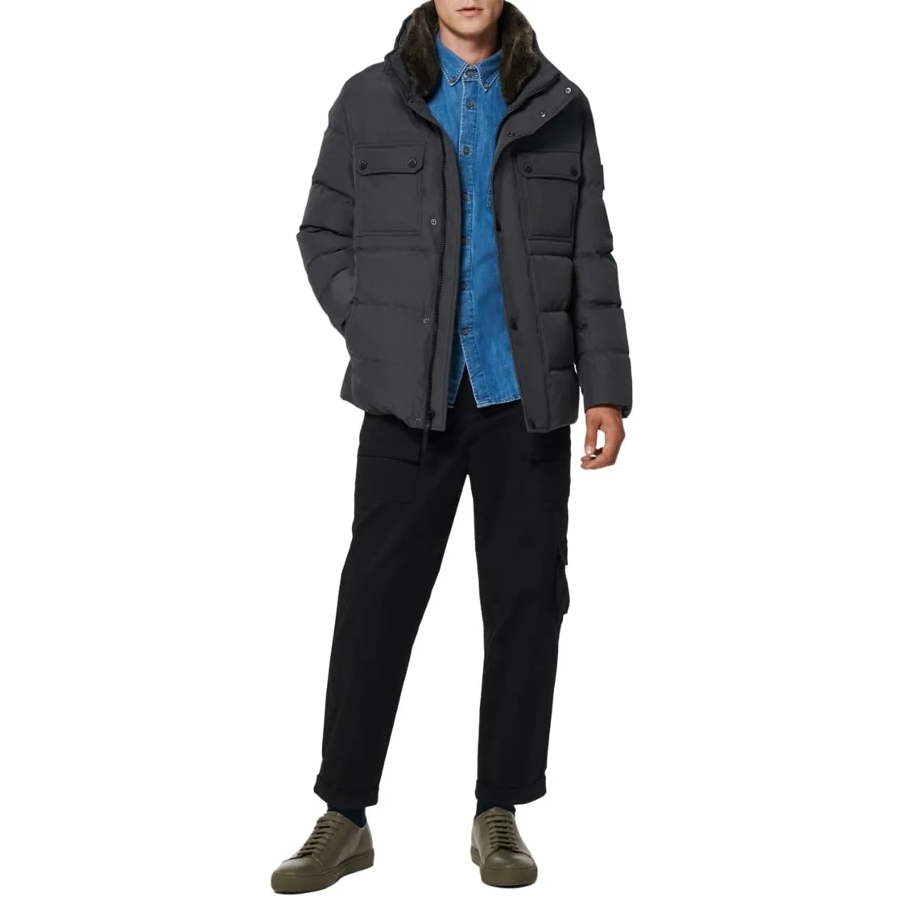 Men's Medium Mid-Length Down Jacket with Removable Faux Fur Collar by Andrew Marc