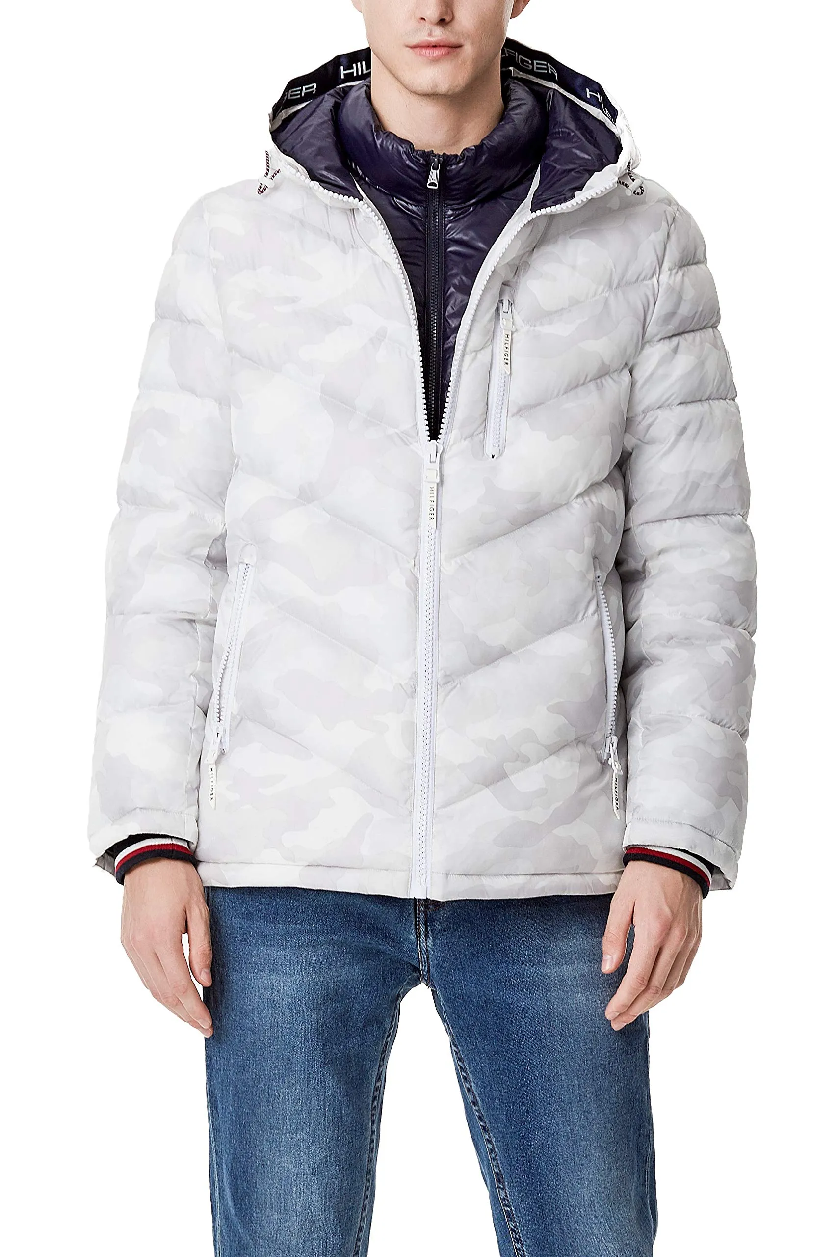 Men's Midweight Chevron Quilted Hooded Puffer Jacket - Tommy Hilfiger Medium, Stylish & Warm