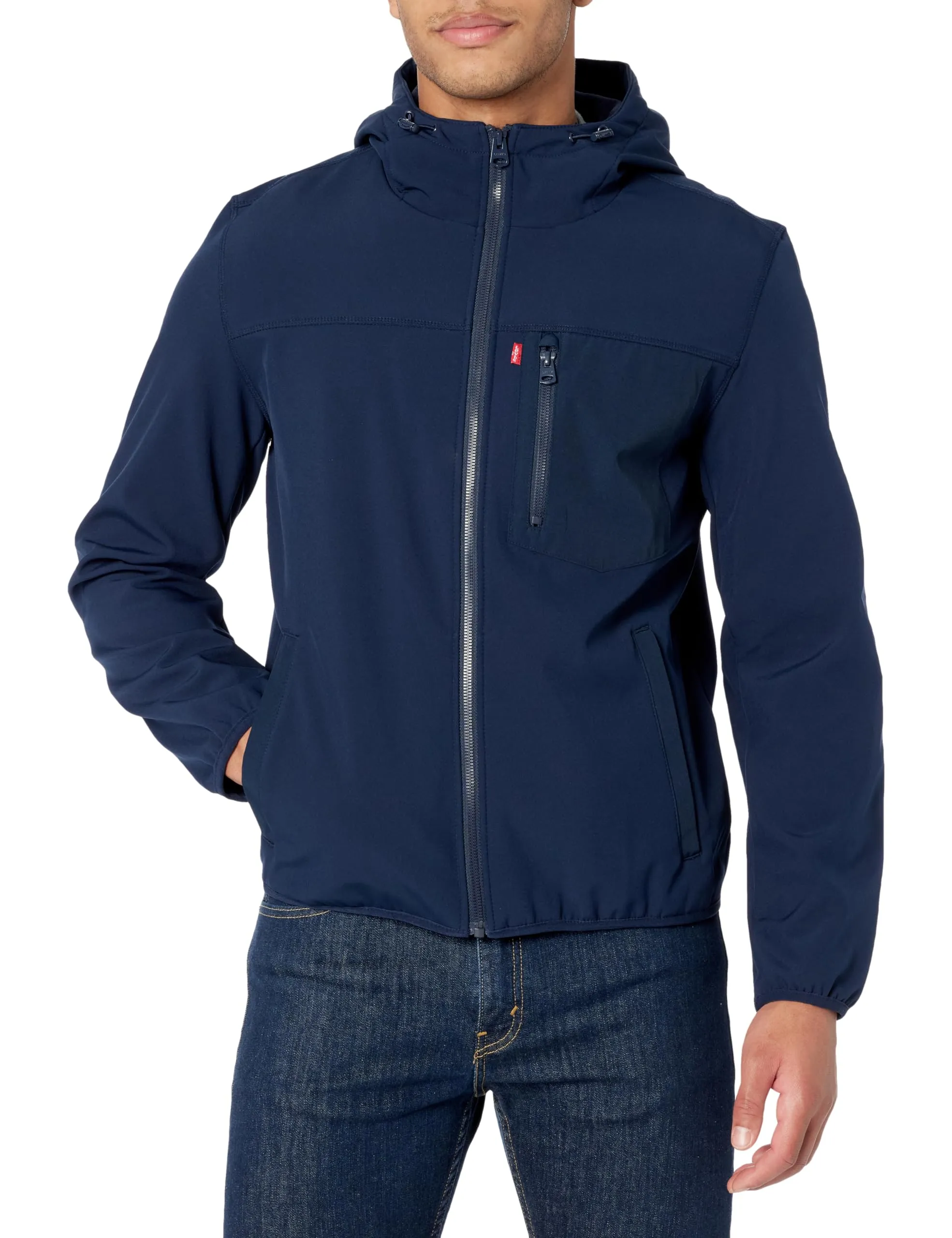 Men's Navy/Black Water-Resistant Softshell Jacket with Hoodie, Medium by Levi's