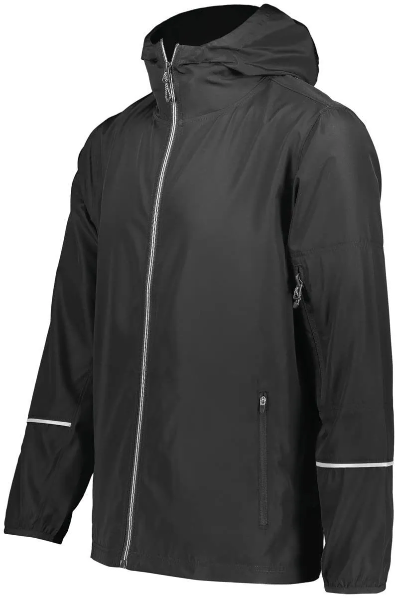 Men's Packable Full Zip Jacket Small, Lightweight Water-Resistant Fabric, Adjustable Hood, Zippered Pocket