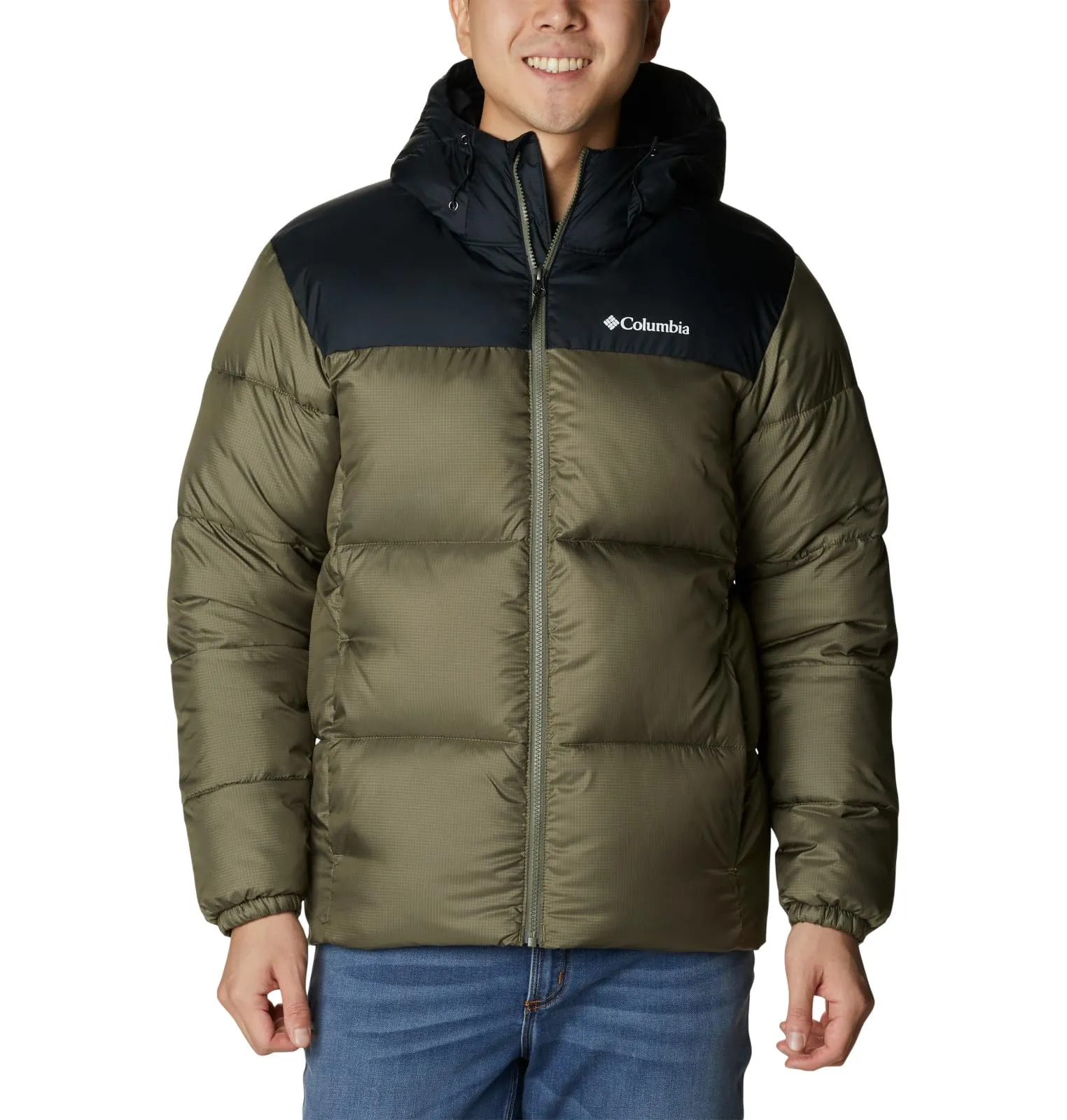 Men's Puffect Hooded Jacket - Stone Green/Black, Medium - Lightweight Warmth & Water Resistant