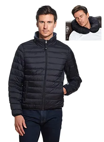 Mens Puffer Jacket - Packable Travel Neck Pillow, Down Alternative Insulation (S-3XL)