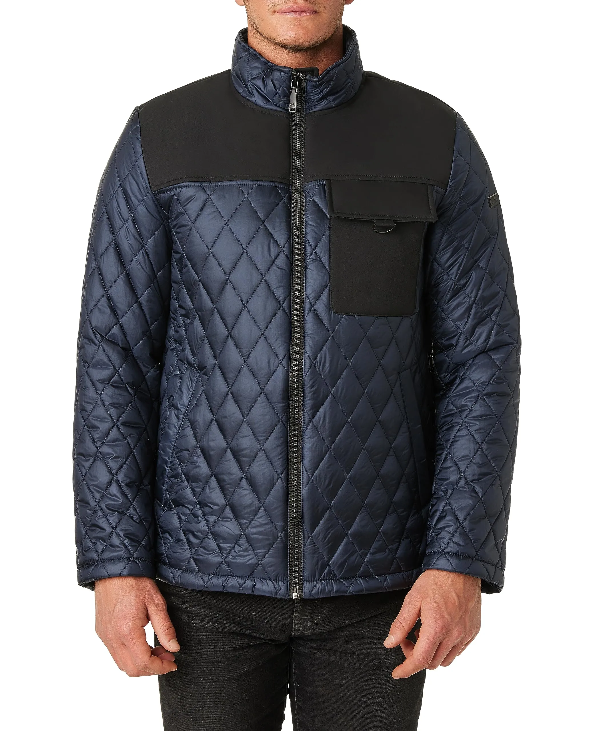 Men's Quilted Jacket, Blue, X-Large - Stylish Nylon Barn Jacket with Angled Pockets