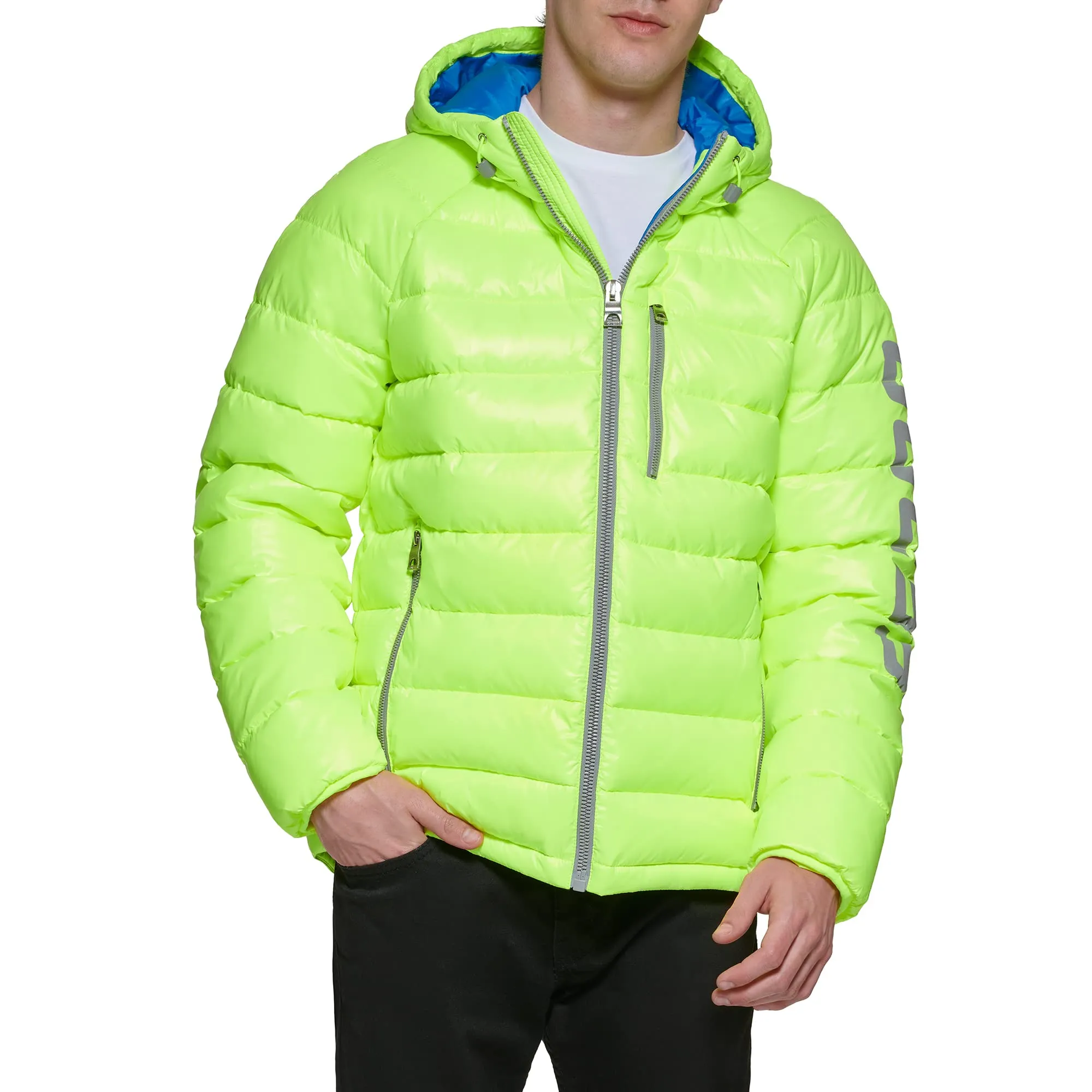 Men's Small GUESS Long Sleeve Midweight Hooded Puffer Jacket - Packable Versatile Outerwear