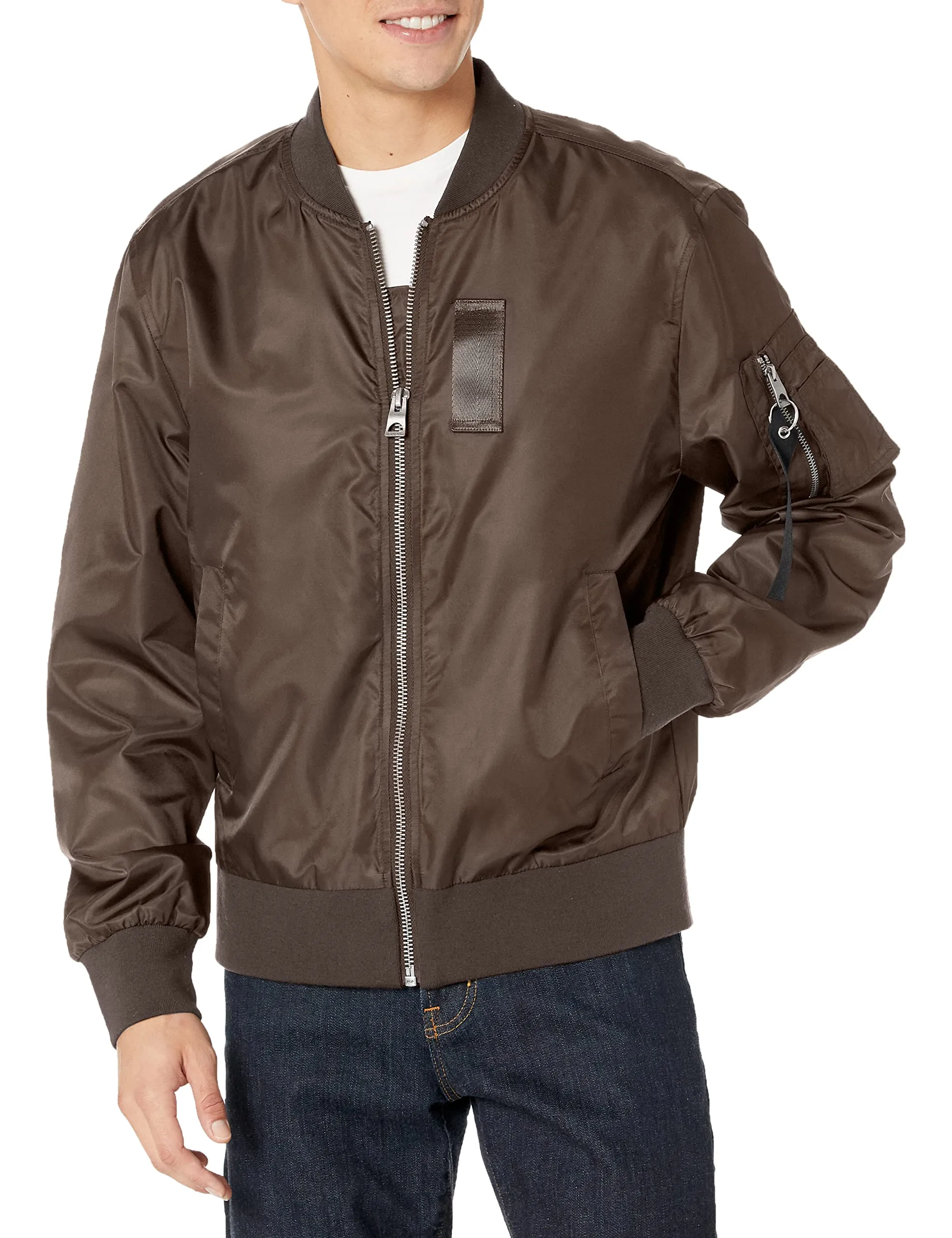 Men's Small GUESS Nylon Flight Jacket with Ribbed Collar and Zipper Pockets