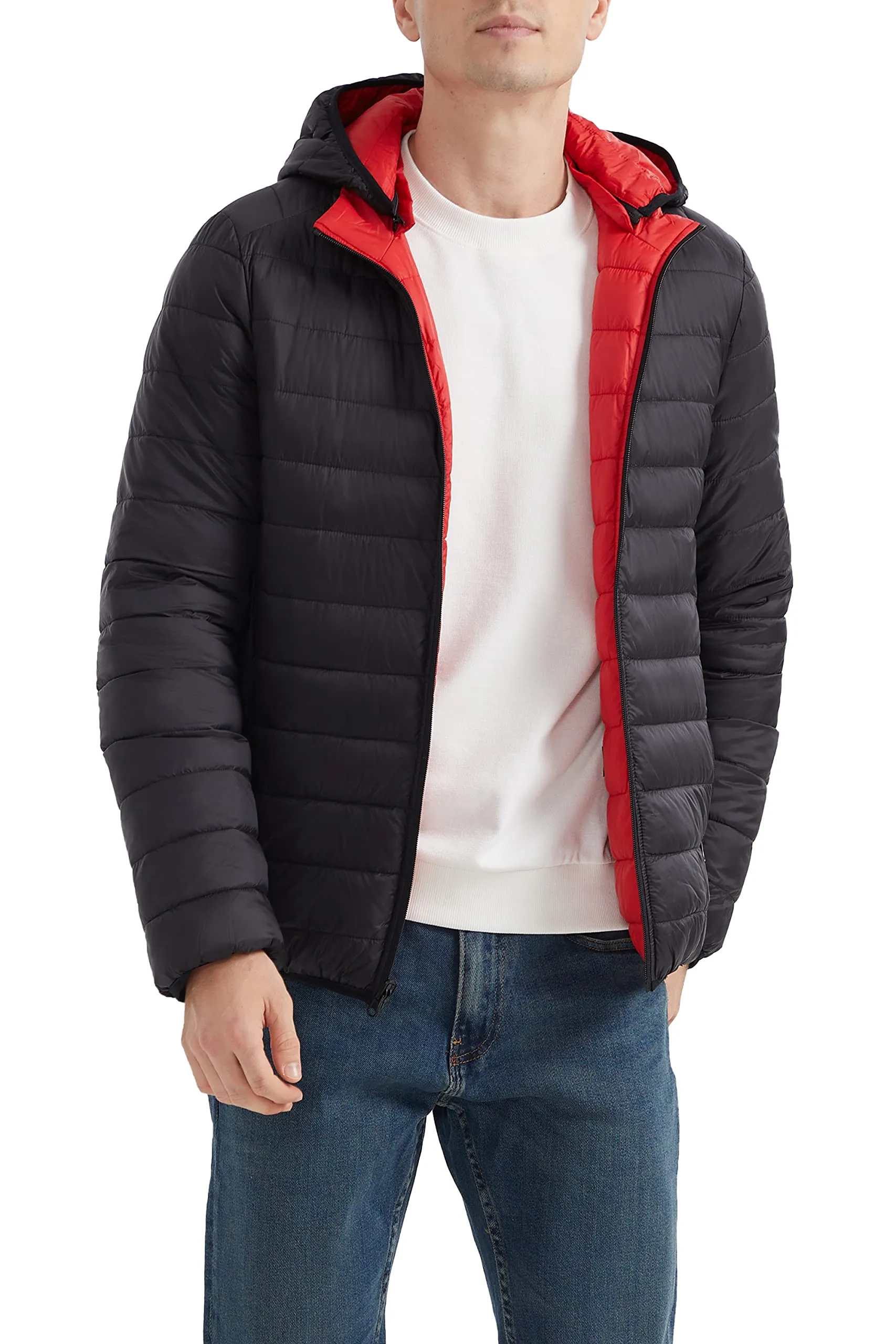 Men's Small Lightweight Hooded Puffer Jacket, Packable Reversible, Water-Resistant Winter Coat