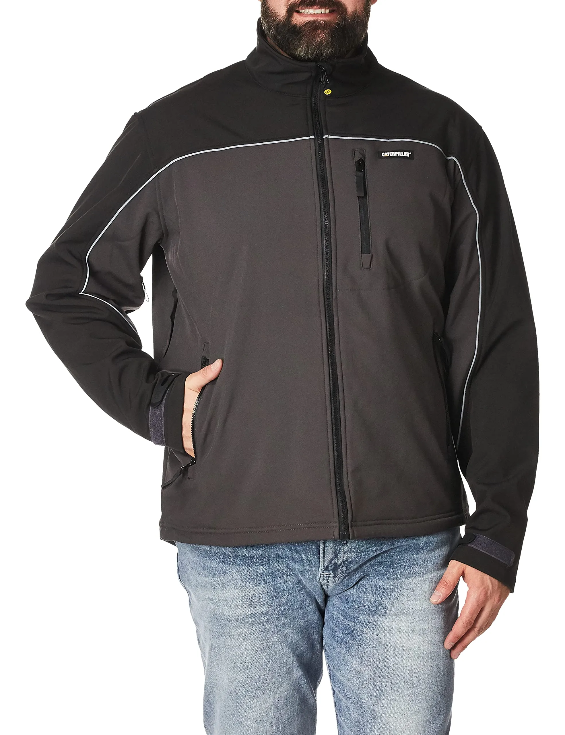 Men's Soft Shell Jacket - Graphite/Black, Large, Full Zip, Weather-Resistant, Reflective Piping