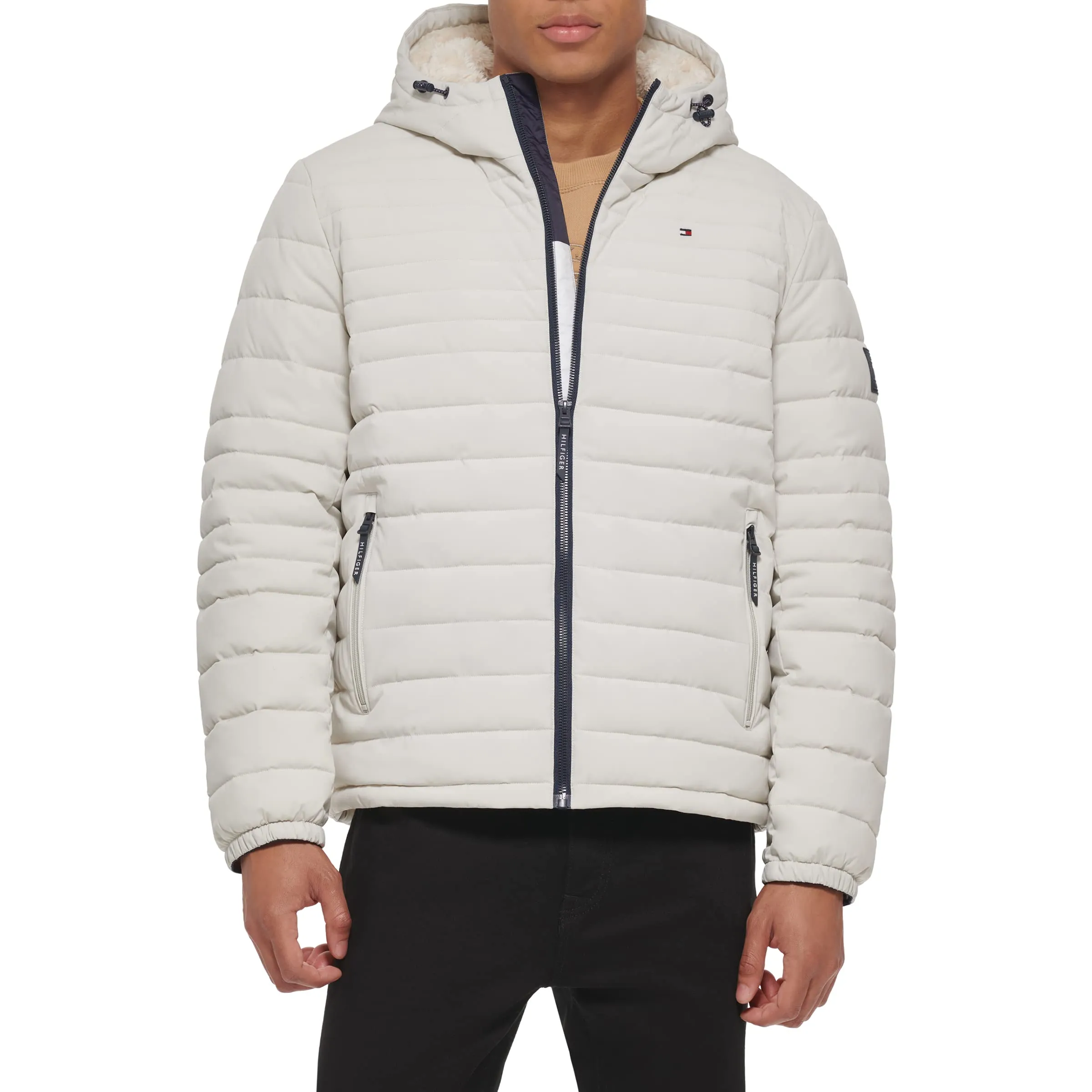 Men's Stretch Poly Hooded Packable Jacket Medium with Sherpa Lining by Tommy Hilfiger