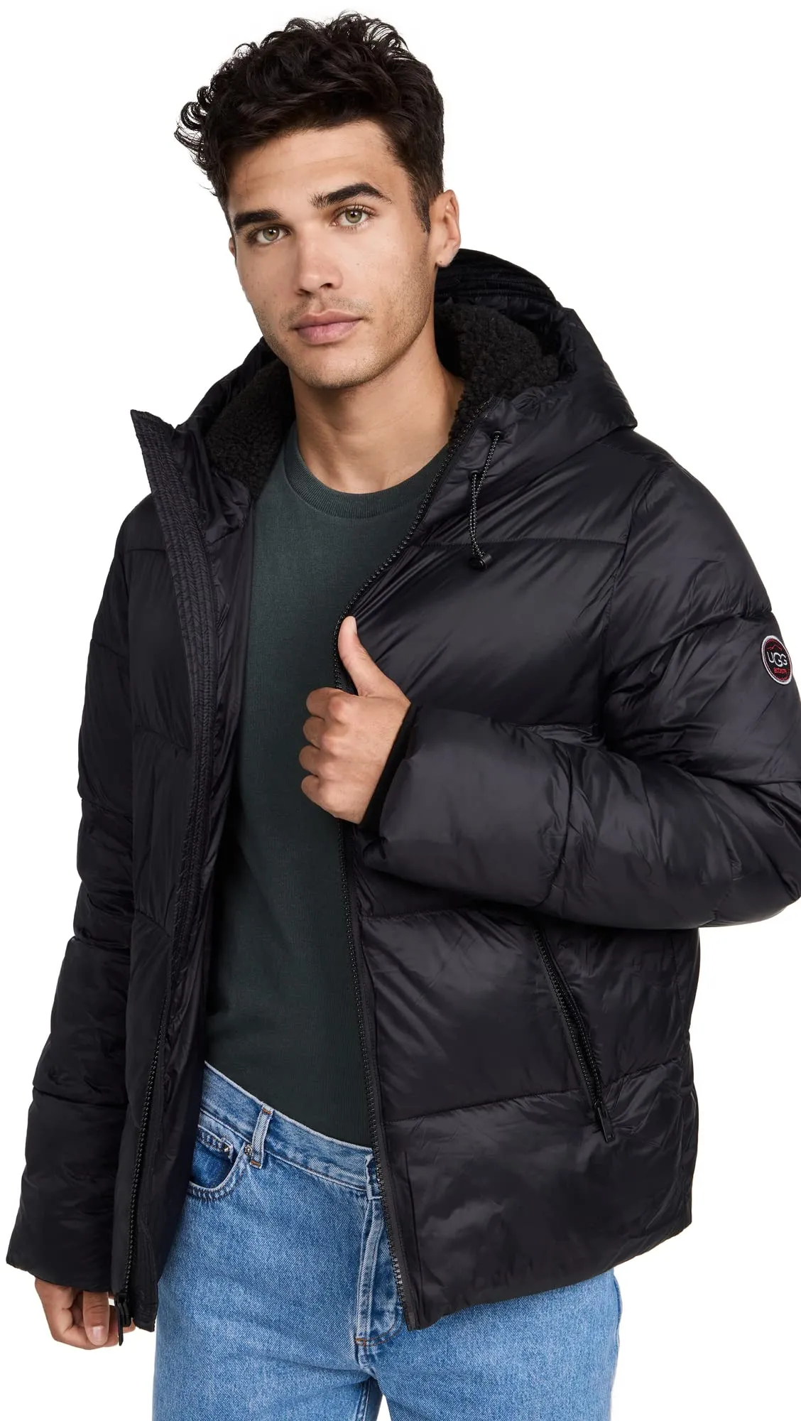 Men's UGG Brayden Puffer Jacket, Water-Resistant, X-Small, Hip-Length, Sherpa Lined Hood