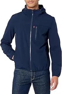 Men's Water-Resistant Softshell Active Jacket with Hoodie in Navy/Black, Large Size