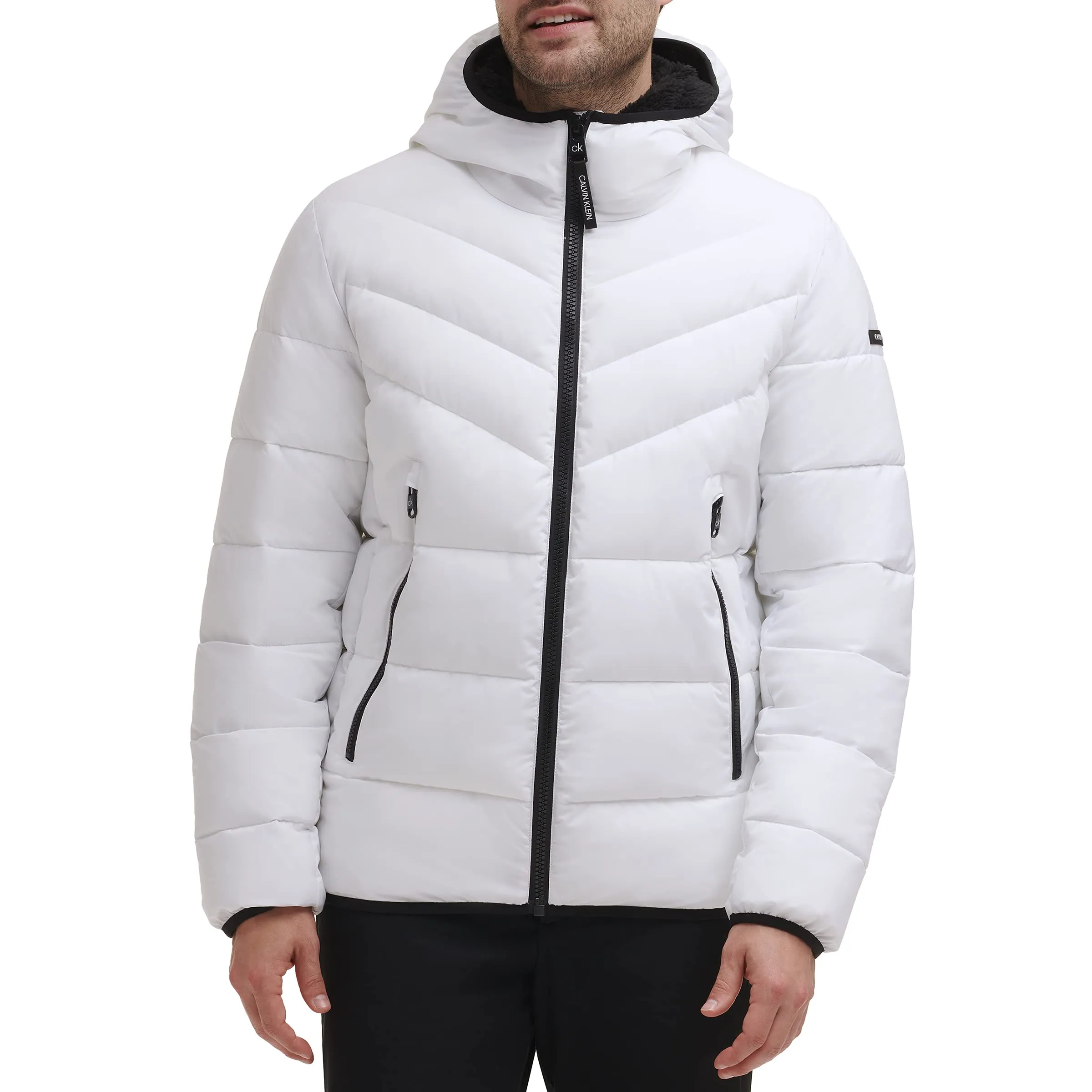 Men's Winter Coat - Puffer Stretch Jacket with Sherpa Hood, Small, Calvin Klein