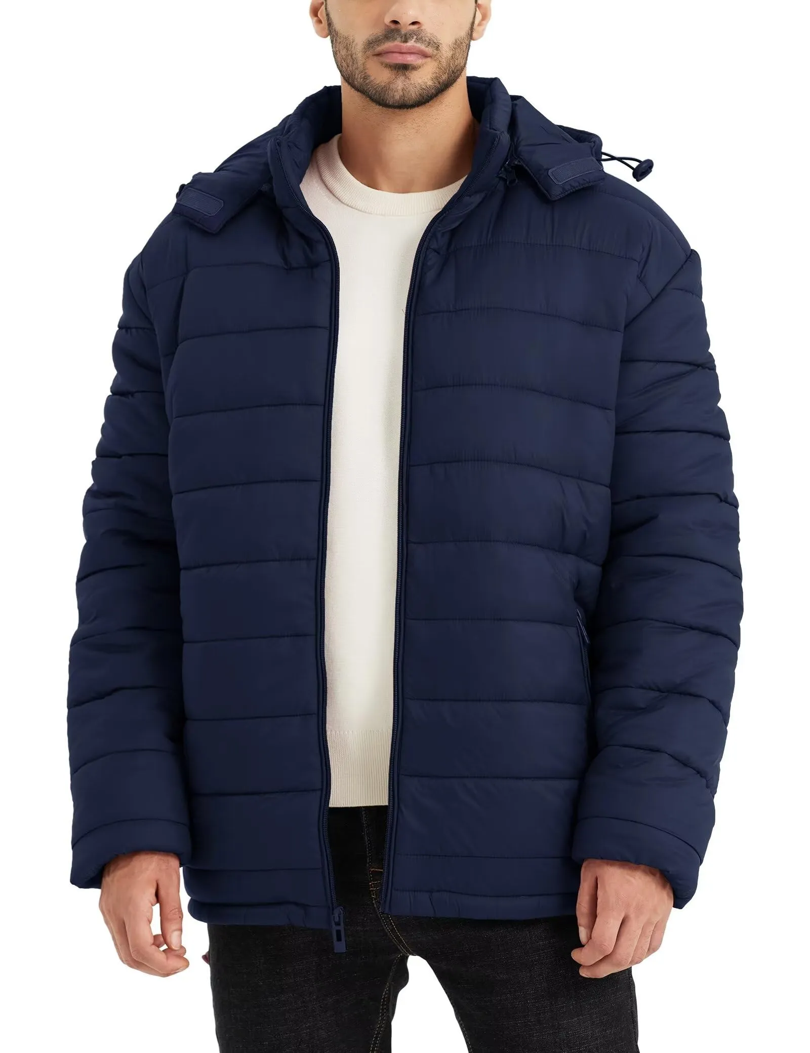 Men's Winter Puffer Jacket Hooded Lightweight Fleece Coat Cold Weather Inkling Blue XX-Large