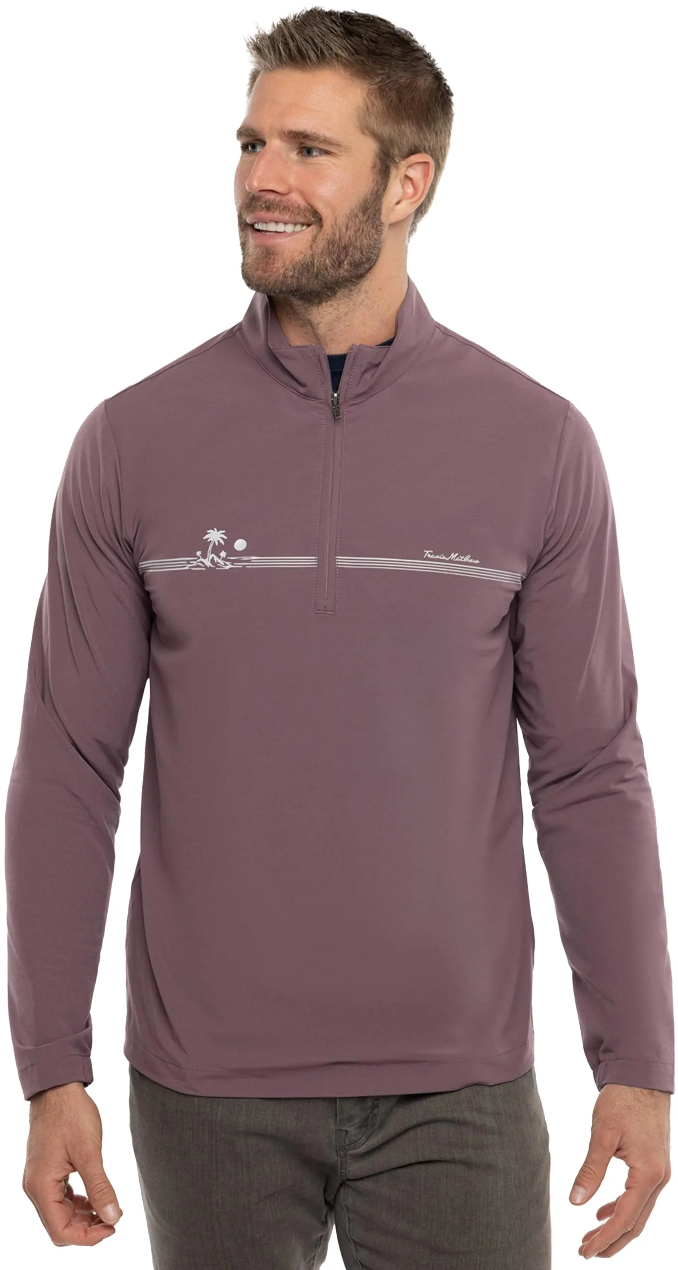 Unexpected Sunrise TravisMathew Small Eco-Friendly Quarter-Zip Pullover with Retro Palm Tree Design