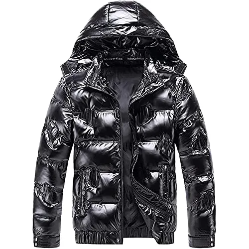 Winter Warm Men Puffer Coat Medium Waterproof Lightweight Down Jacket Shiny Hooded Reflective